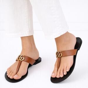 Gucci Leather Thong Sandals Gold Double G Logo Orange Brown Size 37